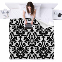 Black Colored Floral Arabesque Seamless Pattern Blankets 68655144