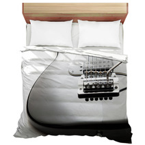 Black Electric Guitar Close Up On A White Background Bedding 122303894