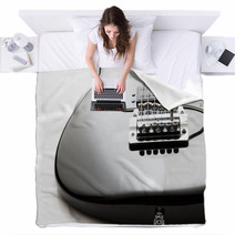 Black Electric Guitar Close Up On A White Background Blankets 122303894