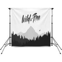 Black Mountains Flat Landscape Background With Silhouette Of Hawk And Hand Lettering Of Wild And Free Backdrops 242483824