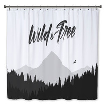 Black Mountains Flat Landscape Background With Silhouette Of Hawk And Hand Lettering Of Wild And Free Bath Decor 242483824