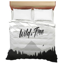 Black Mountains Flat Landscape Background With Silhouette Of Hawk And Hand Lettering Of Wild And Free Bedding 242483824
