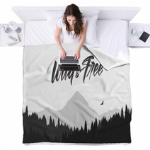 Black Mountains Flat Landscape Background With Silhouette Of Hawk And Hand Lettering Of Wild And Free Blankets 242483824