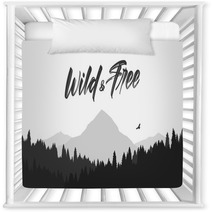 Black Mountains Flat Landscape Background With Silhouette Of Hawk And Hand Lettering Of Wild And Free Nursery Decor 242483824
