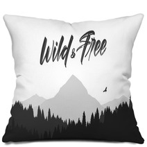Black Mountains Flat Landscape Background With Silhouette Of Hawk And Hand Lettering Of Wild And Free Pillows 242483824