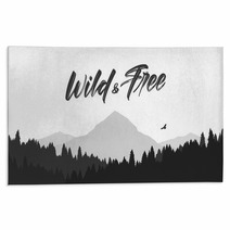 Black Mountains Flat Landscape Background With Silhouette Of Hawk And Hand Lettering Of Wild And Free Rugs 242483824
