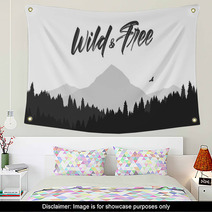 Black Mountains Flat Landscape Background With Silhouette Of Hawk And Hand Lettering Of Wild And Free Wall Art 242483824