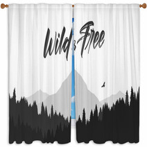 Black Mountains Flat Landscape Background With Silhouette Of Hawk And Hand Lettering Of Wild And Free Window Curtains 242483824