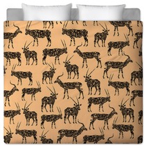 Black Seamless Pattern With Antelope On Beige Bedding 102769723