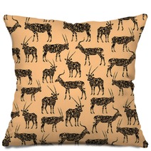 Black Seamless Pattern With Antelope On Beige Pillows 102769723