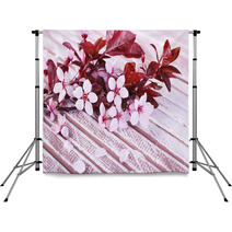 Blooming Tree Branch With Pink Flowers On Wooden Background Backdrops 64124462