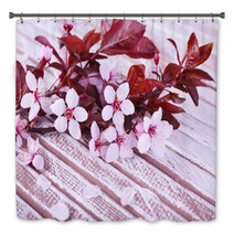 Blooming Tree Branch With Pink Flowers On Wooden Background Bath Decor 64124462