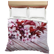 Blooming Tree Branch With Pink Flowers On Wooden Background Bedding 64124462