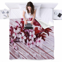 Blooming Tree Branch With Pink Flowers On Wooden Background Blankets 64124462