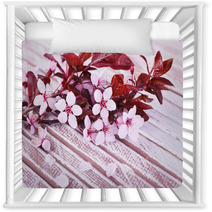 Blooming Tree Branch With Pink Flowers On Wooden Background Nursery Decor 64124462