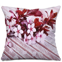 Blooming Tree Branch With Pink Flowers On Wooden Background Pillows 64124462