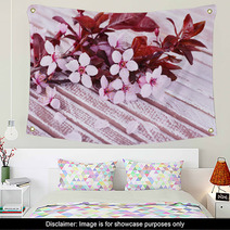 Blooming Tree Branch With Pink Flowers On Wooden Background Wall Art 64124462