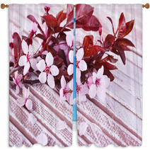 Blooming Tree Branch With Pink Flowers On Wooden Background Window Curtains 64124462