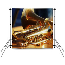 Blowing Brass Wind Instrument On Table Backdrops 63942563