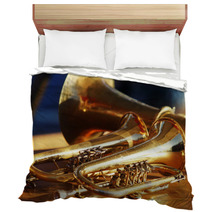 Blowing Brass Wind Instrument On Table Bedding 63942563