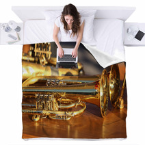 Blowing Brass Wind Instrument On Table Blankets 63942549