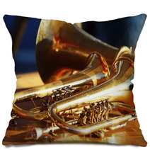 Blowing Brass Wind Instrument On Table Pillows 63942563