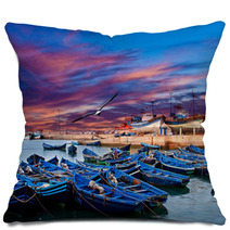 Blue Fishing Boats On An Ocean Coast In Essaouira, Morocco Pillows 53975891
