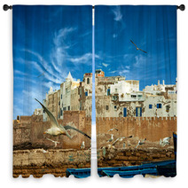 Blue Fishing Boats On An Ocean Coast In Essaouira, Morocco Window Curtains 53975886