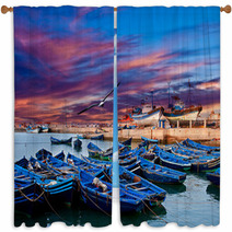 Blue Fishing Boats On An Ocean Coast In Essaouira, Morocco Window Curtains 53975891