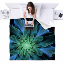 Blue Futuristic Fractal Flower Blankets 57399445