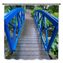 Blue Small Bridge Over River Stream Creek In Garden. Nature. Bath Decor 68042771