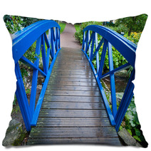 Blue Small Bridge Over River Stream Creek In Garden. Nature. Pillows 68042771