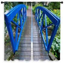 Blue Small Bridge Over River Stream Creek In Garden. Nature. Window Curtains 68042771