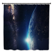 Blue Sunrise, View Of Earth From Space With Milky Way Galaxy Bath Decor 73172392