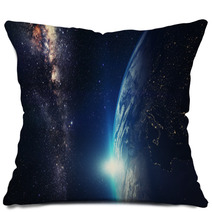 Blue Sunrise, View Of Earth From Space With Milky Way Galaxy Pillows 73172392