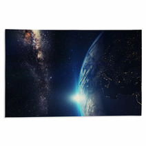 Blue Sunrise, View Of Earth From Space With Milky Way Galaxy Rugs 73172392