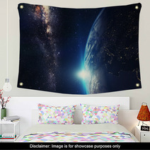 Blue Sunrise, View Of Earth From Space With Milky Way Galaxy Wall Art 73172392