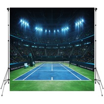 Blue Tennis Court And Illuminated Indoor Arena With Fans Upper Front View Professional Tennis Sport 3d Illustration Background Backdrops 286262907