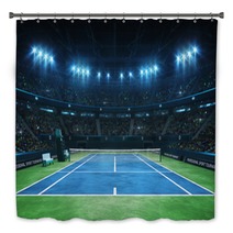 Blue Tennis Court And Illuminated Indoor Arena With Fans Upper Front View Professional Tennis Sport 3d Illustration Background Bath Decor 286262907