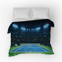 Blue Tennis Court And Illuminated Indoor Arena With Fans Upper Front View Professional Tennis Sport 3d Illustration Background Bedding 286262907