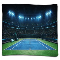 Blue Tennis Court And Illuminated Indoor Arena With Fans Upper Front View Professional Tennis Sport 3d Illustration Background Blankets 286262907