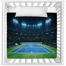 Blue Tennis Court And Illuminated Indoor Arena With Fans Upper Front View Professional Tennis Sport 3d Illustration Background Nursery Decor 286262907