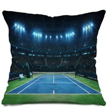 Blue Tennis Court And Illuminated Indoor Arena With Fans Upper Front View Professional Tennis Sport 3d Illustration Background Pillows 286262907