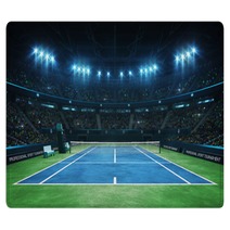 Blue Tennis Court And Illuminated Indoor Arena With Fans Upper Front View Professional Tennis Sport 3d Illustration Background Rugs 286262907