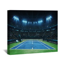 Blue Tennis Court And Illuminated Indoor Arena With Fans Upper Front View Professional Tennis Sport 3d Illustration Background Wall Art 286262907