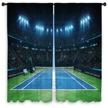 Blue Tennis Court And Illuminated Indoor Arena With Fans Upper Front View Professional Tennis Sport 3d Illustration Background Window Curtains 286262907