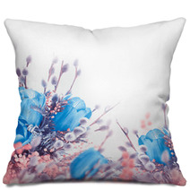 Blue Tulips With Mimosa, Spring Background Pillows 62934077