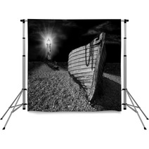 Boat On Beach Lit By The Beam Of Lighthouse Backdrops 43176490