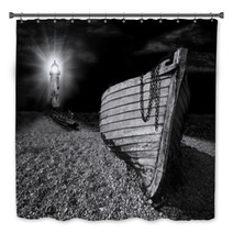 Boat On Beach Lit By The Beam Of Lighthouse Bath Decor 43176490