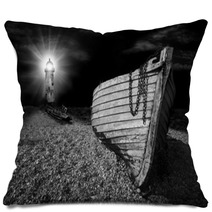 Boat On Beach Lit By The Beam Of Lighthouse Pillows 43176490